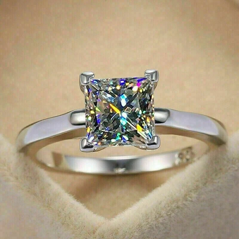 Solitair 3.00 Ct Princess Cut Off White Treated Diamond Ring 925 Sterling Silver