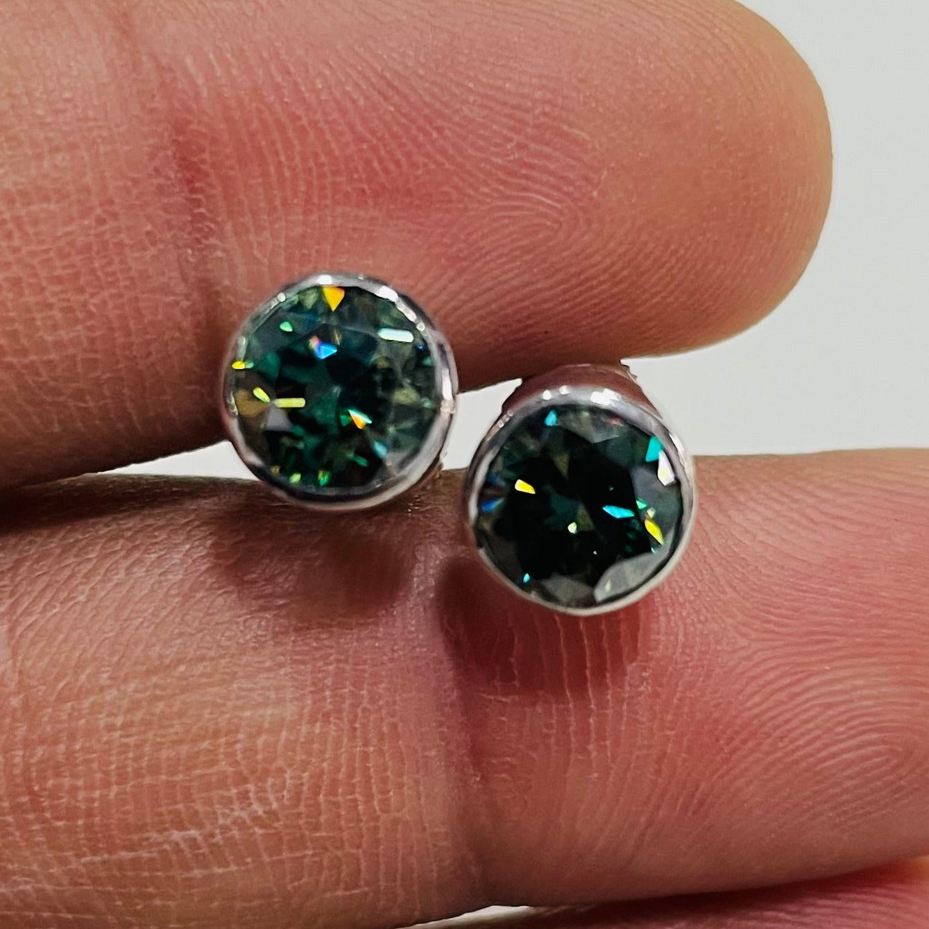 Bezel Set Round Green Stud Earrings | 2.00 Ct (6.5MM Each) in 925 Silver
