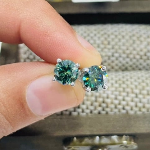 4-Prong Round Green-Blue Stud Earrings | 2.00 Ct (6.5MM Each) in 925 Silver