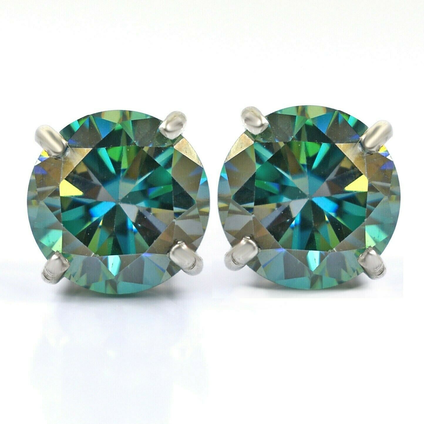 4-Prong Round Green-Blue Stud Earrings | 2.00 Ct (6.5MM Each) in 925 Silver