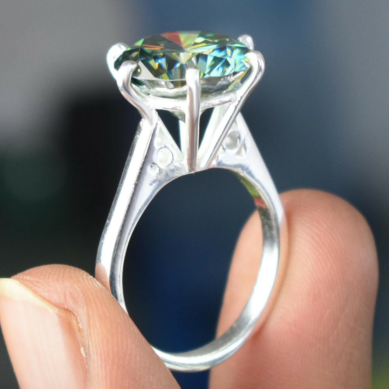 Hole-Style Prong Round 9MM Green-Blue Diamond Look Ring | 3 Ct Gemstone in 925 Silver