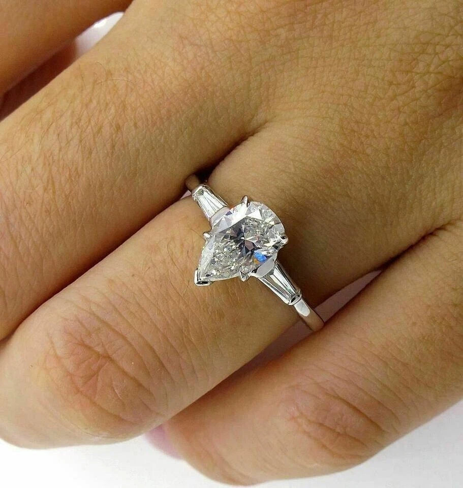 Classic 2.00 Ct Pear Cut Off White Treated Diamond Ring 925 Sterling Silver