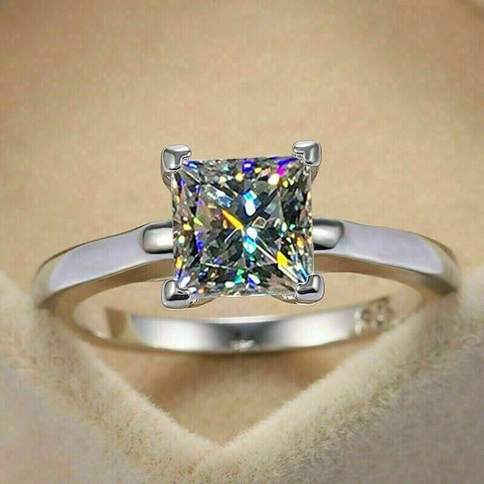 Solitair 3.00 Ct Princess Cut Off White Treated Diamond Ring 925 Sterling Silver