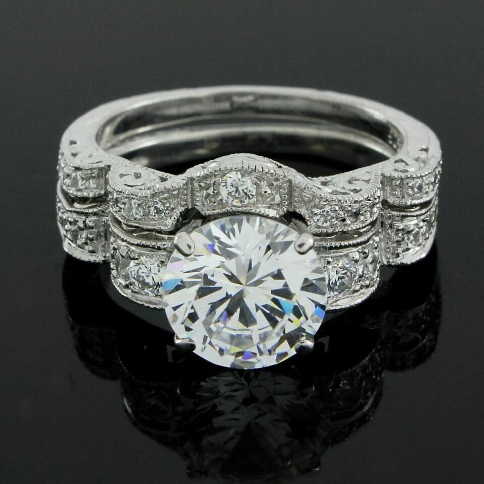 3 Ct Round Cut Off White Treated Diamond Ring 925 Sterling Silver With Band