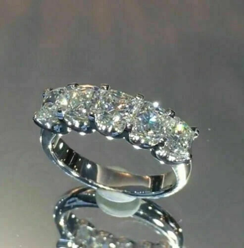 5 Stone 3 Ct Cushion Cut Off White Treated Diamond Band 925 Sterling Silver