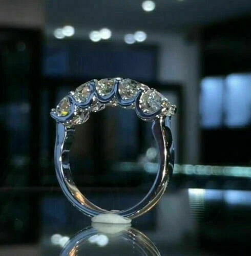 5 Stone 3 Ct Cushion Cut Off White Treated Diamond Band 925 Sterling Silver