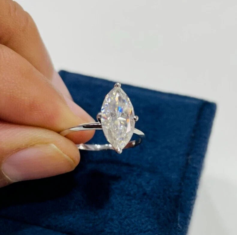 Solitair 3.00 Ct Marquise Cut Off White Treated Diamond Ring 925 Sterling Silver