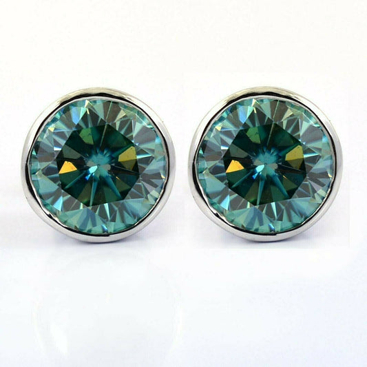 Bezel Set Round Green Stud Earrings | 2.00 Ct (6.5MM Each) in 925 Silver
