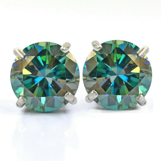 4-Prong Round Green-Blue Stud Earrings | 2.00 Ct (6.5MM Each) in 925 Silver